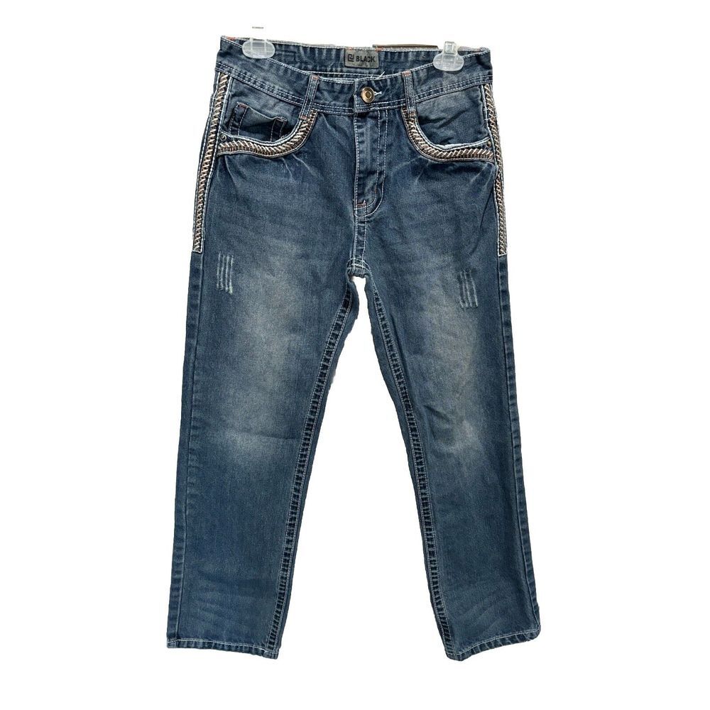 BLACK Medium Wash Relaxed Straight Blue Jeans Denim Pocket Stitching Size 28x30